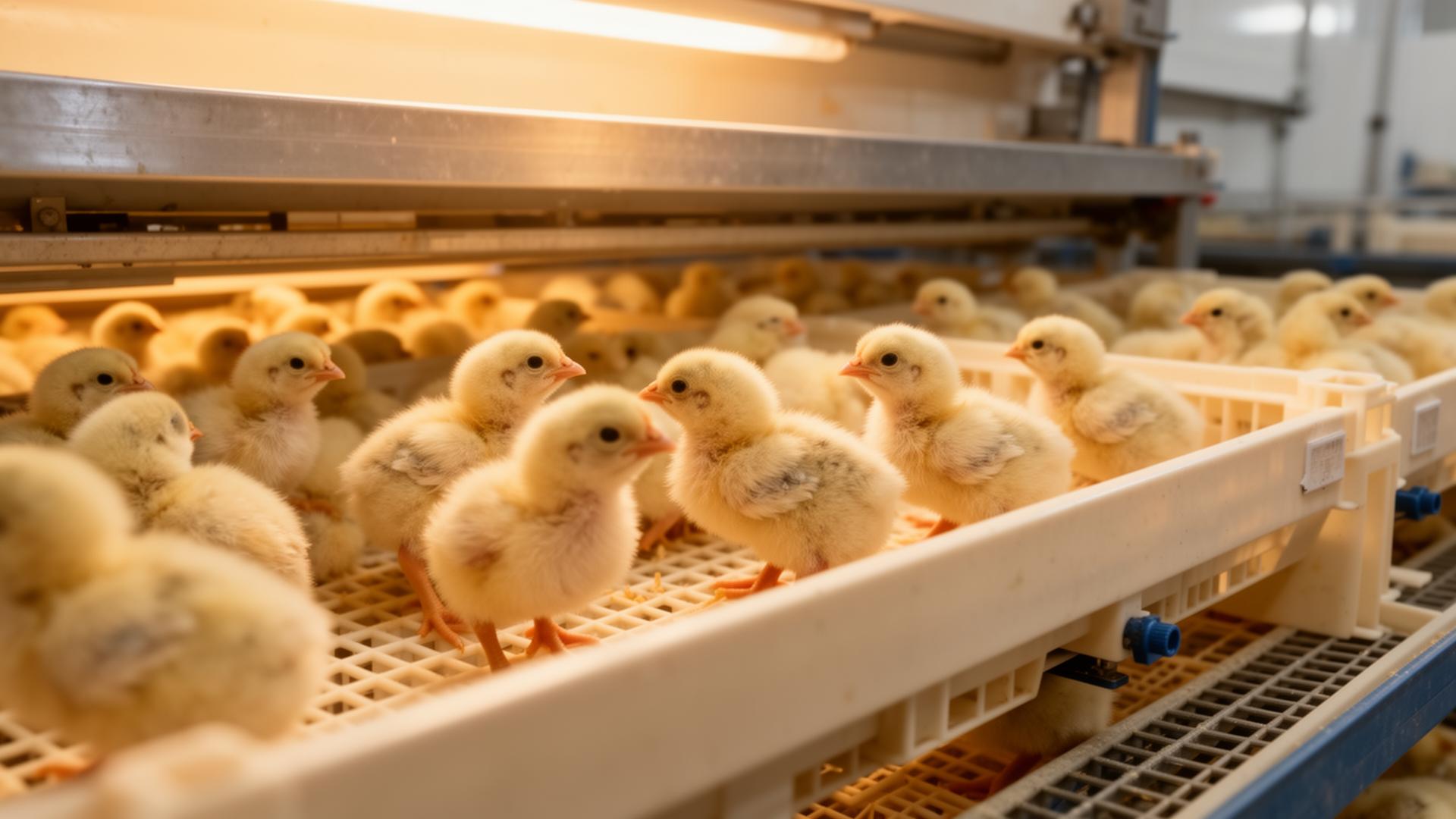 Day-old chicks in a modern hatchery tray under warm light.