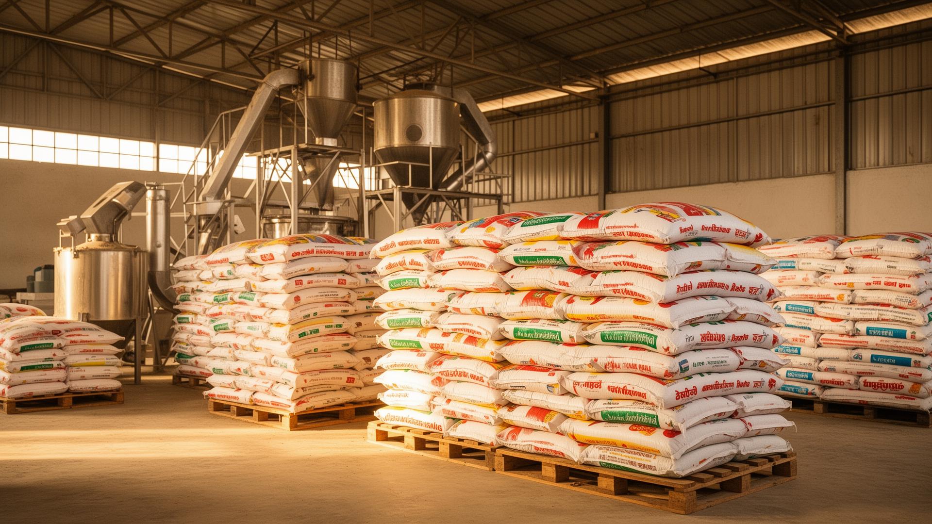 Clean poultry feed warehouse with stacked feed bags and production equipment.