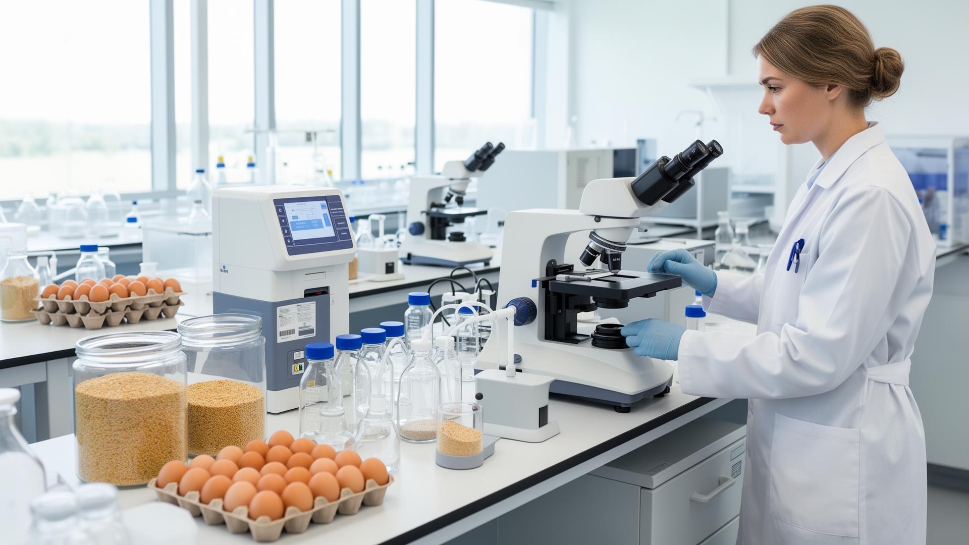 Technician testing egg and feed samples in a clean quality-control laboratory.